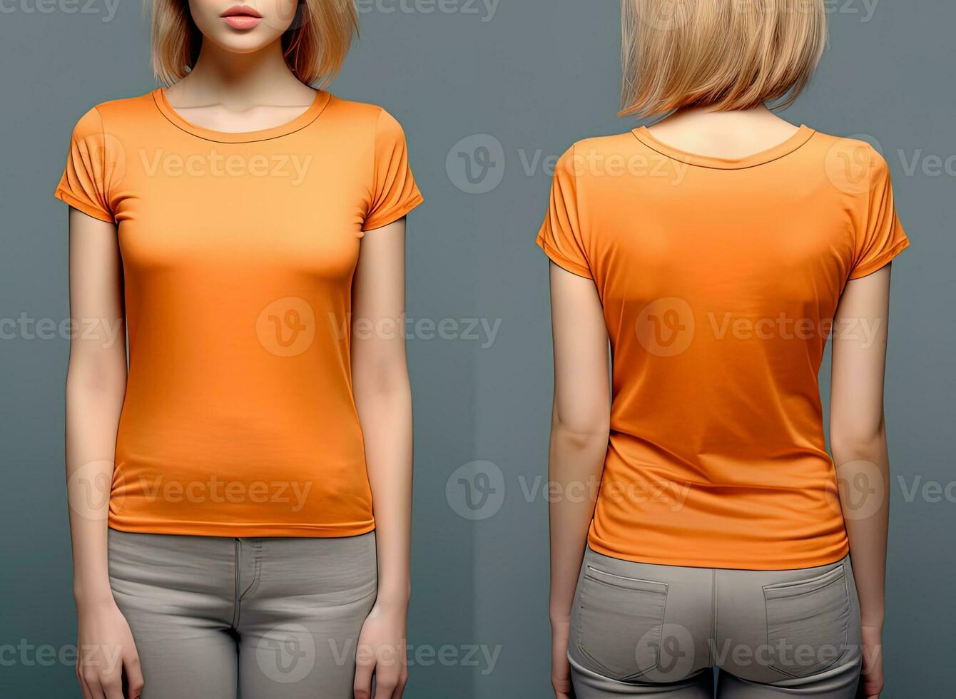 Photo realistic female orange t-shirts with copy space, front, and back view. ai generated