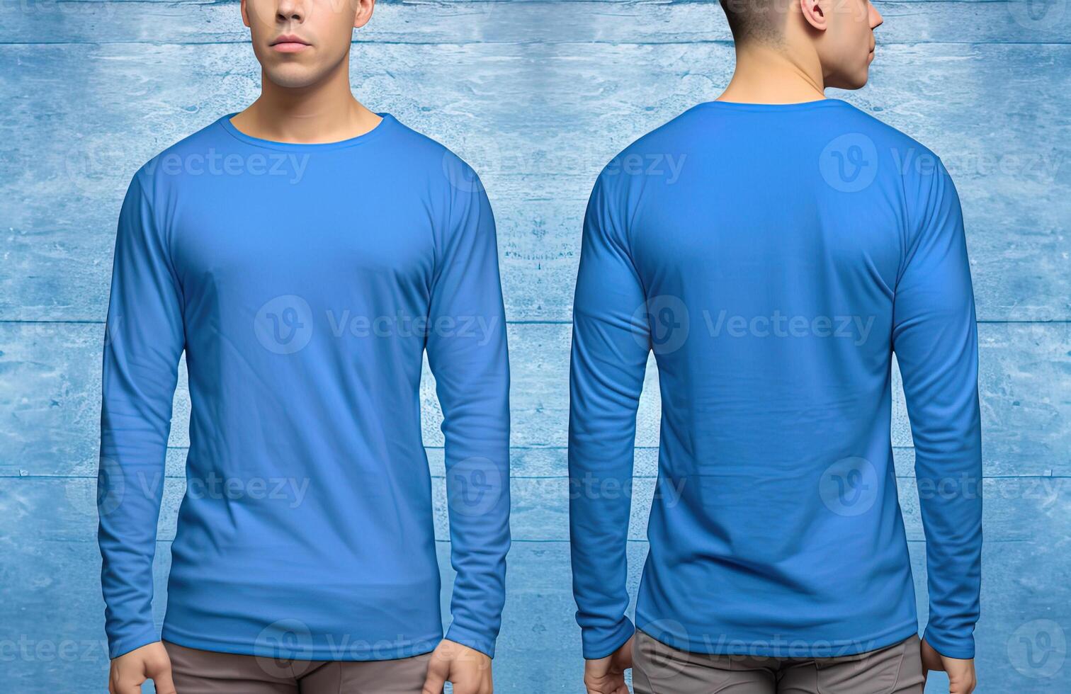 Man wearing a blue T-shirt with long sleeves. Front and back view. photo