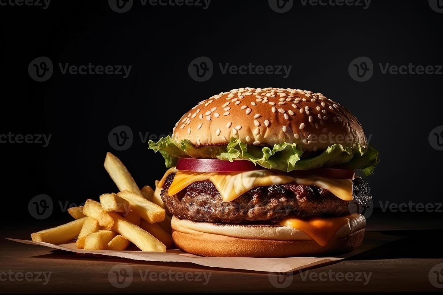 fresh tasty burger and french fries on dark background. ai generated photo