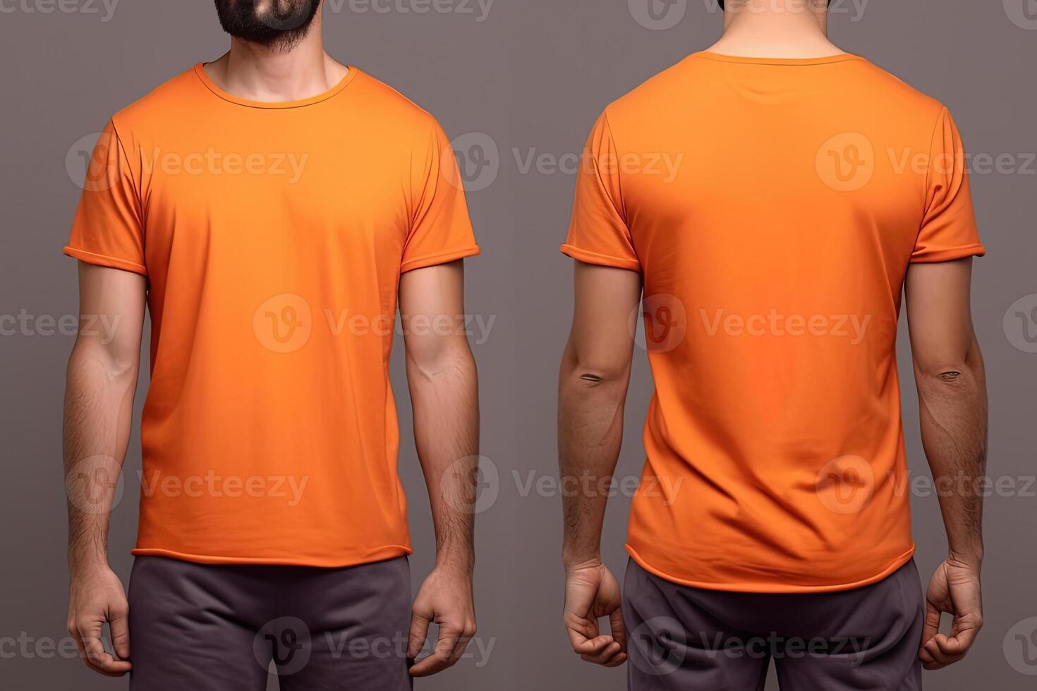 Photo realistic male orange t-shirts with copy space, front, and back view.