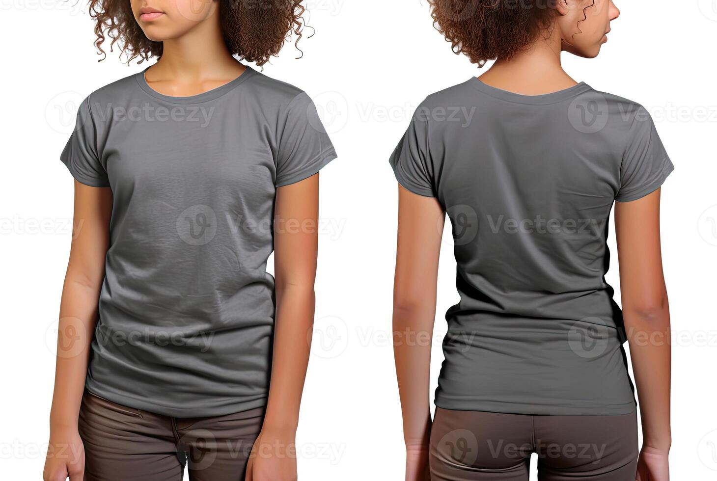 Photo realistic female grey t-shirts with copy space, front, and back view.