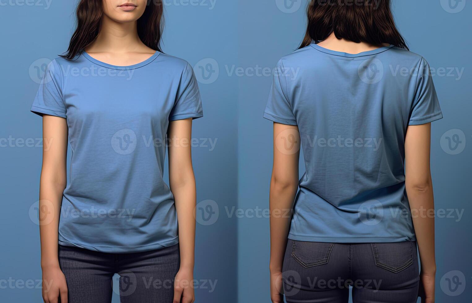 Photo realistic female blue t-shirts with copy space, front, and back view.