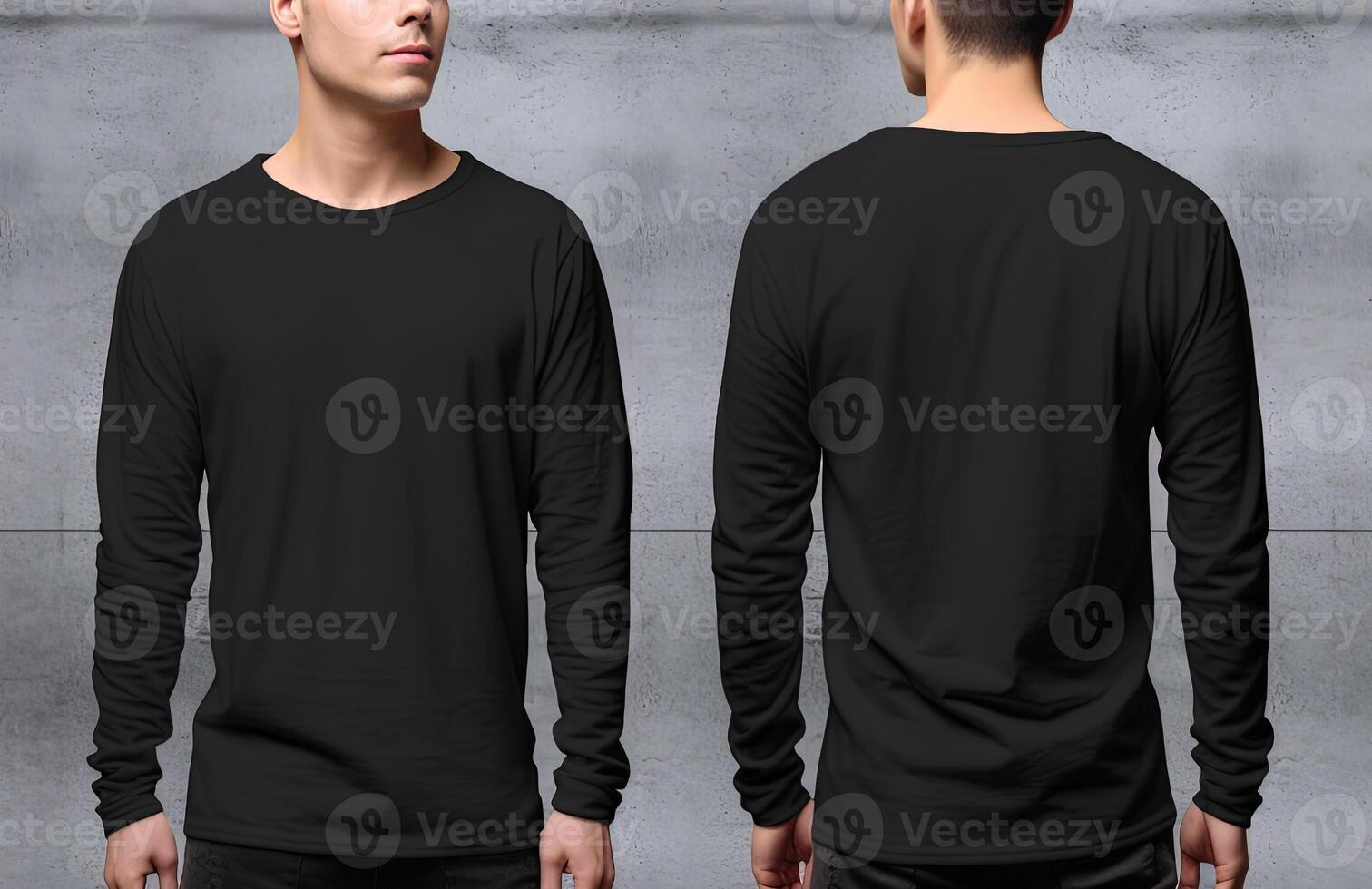 Man wearing a black T-shirt with long sleeves. Front and back view. photo