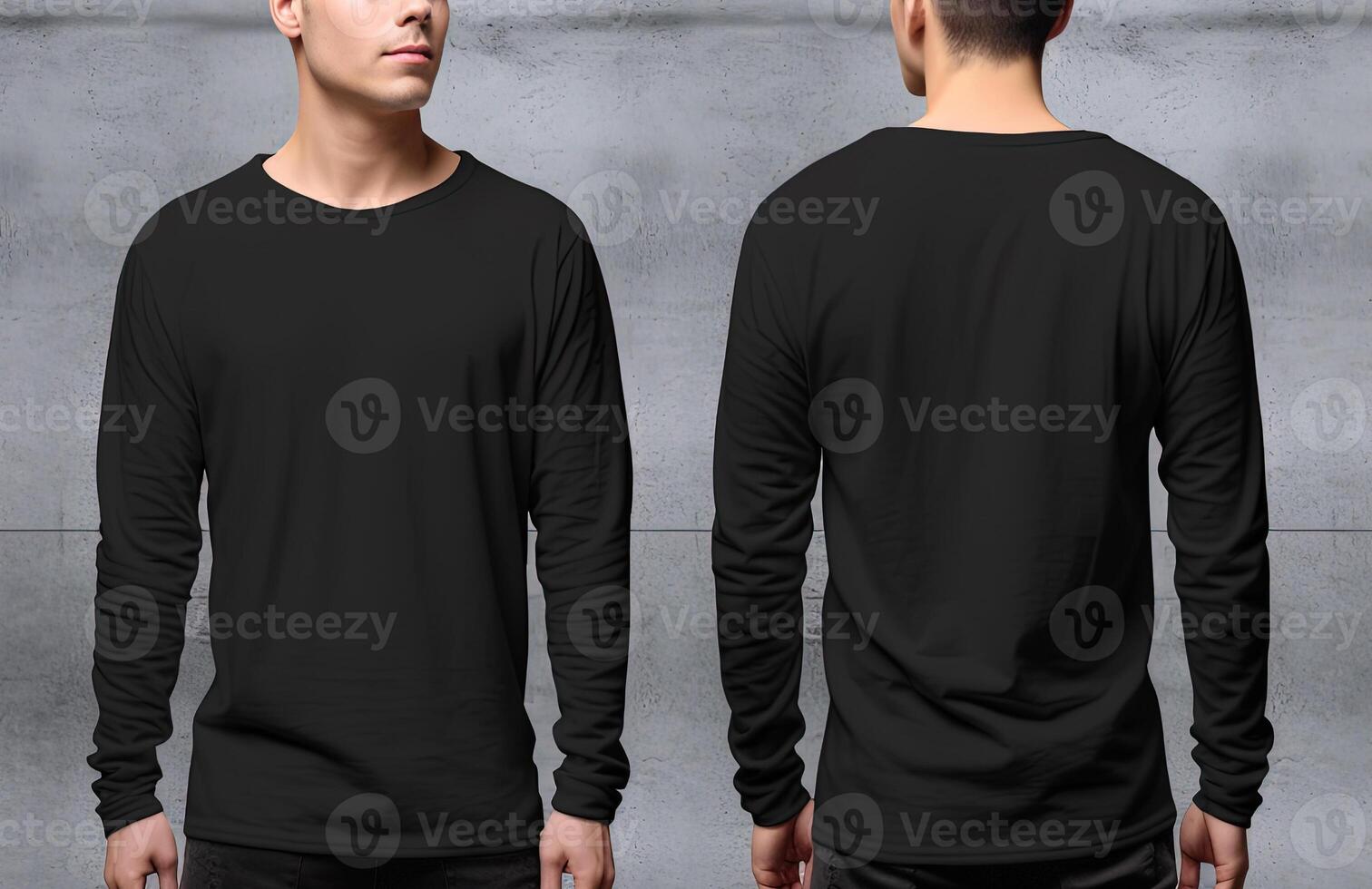 Man wearing a black T-shirt with long sleeves. Front and back view. ai generated photo