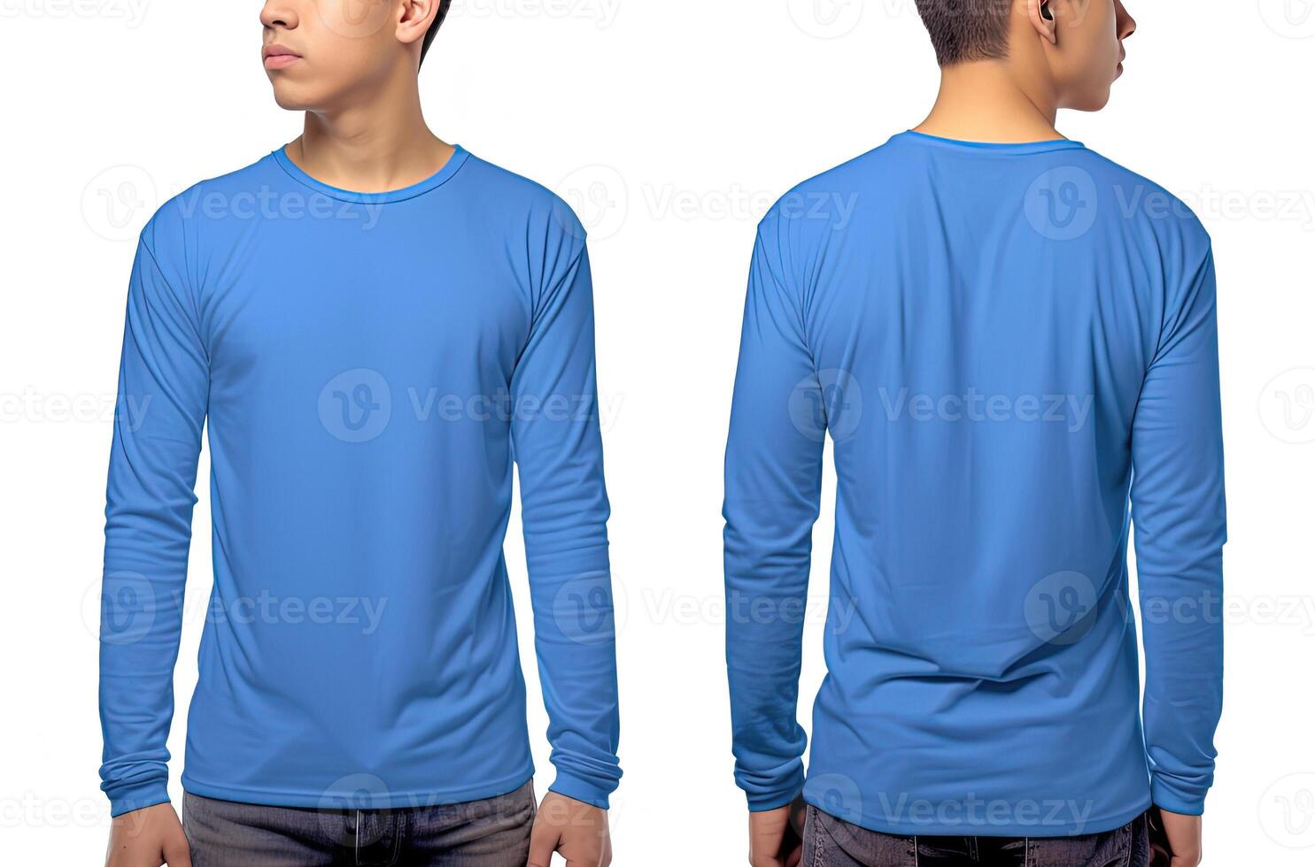 Man wearing a blue T-shirt with long sleeves. Front and back view. photo