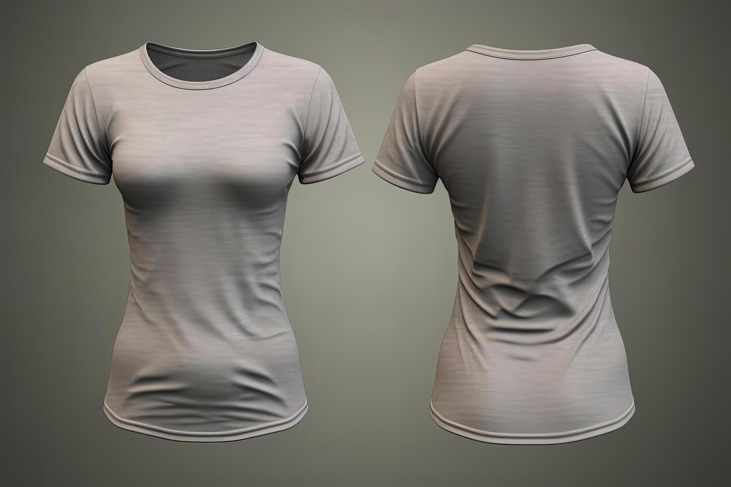 Grey female t-shirt realistic mockup set from front and back view, blank textile print design template for fashion apparel. photo