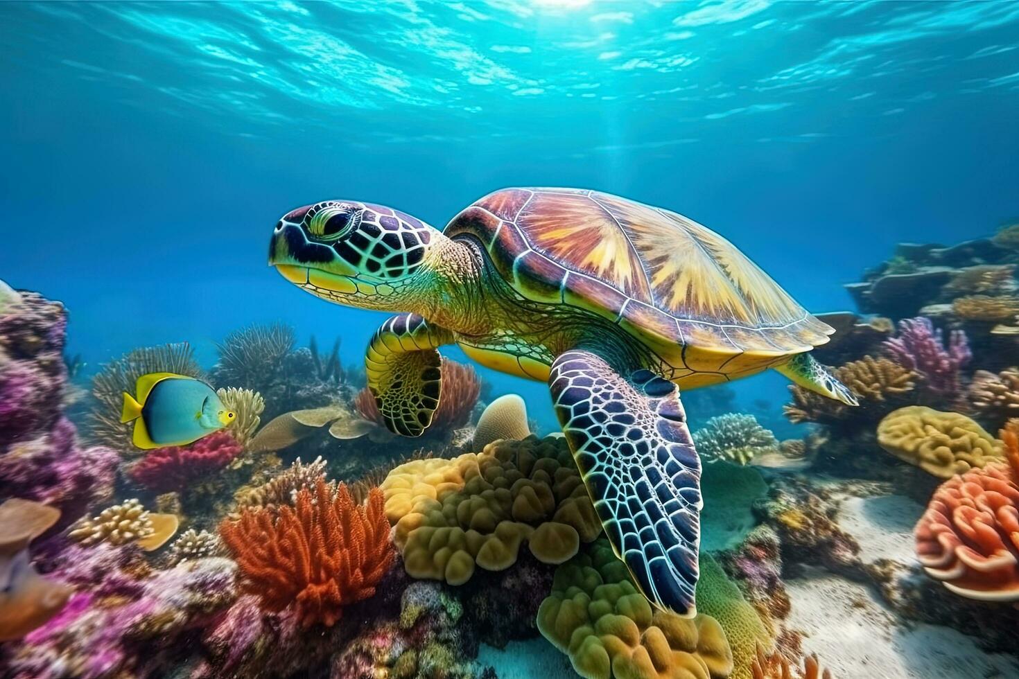 Sea turtle swims underwater on the background of coral reefs. AI Generated photo