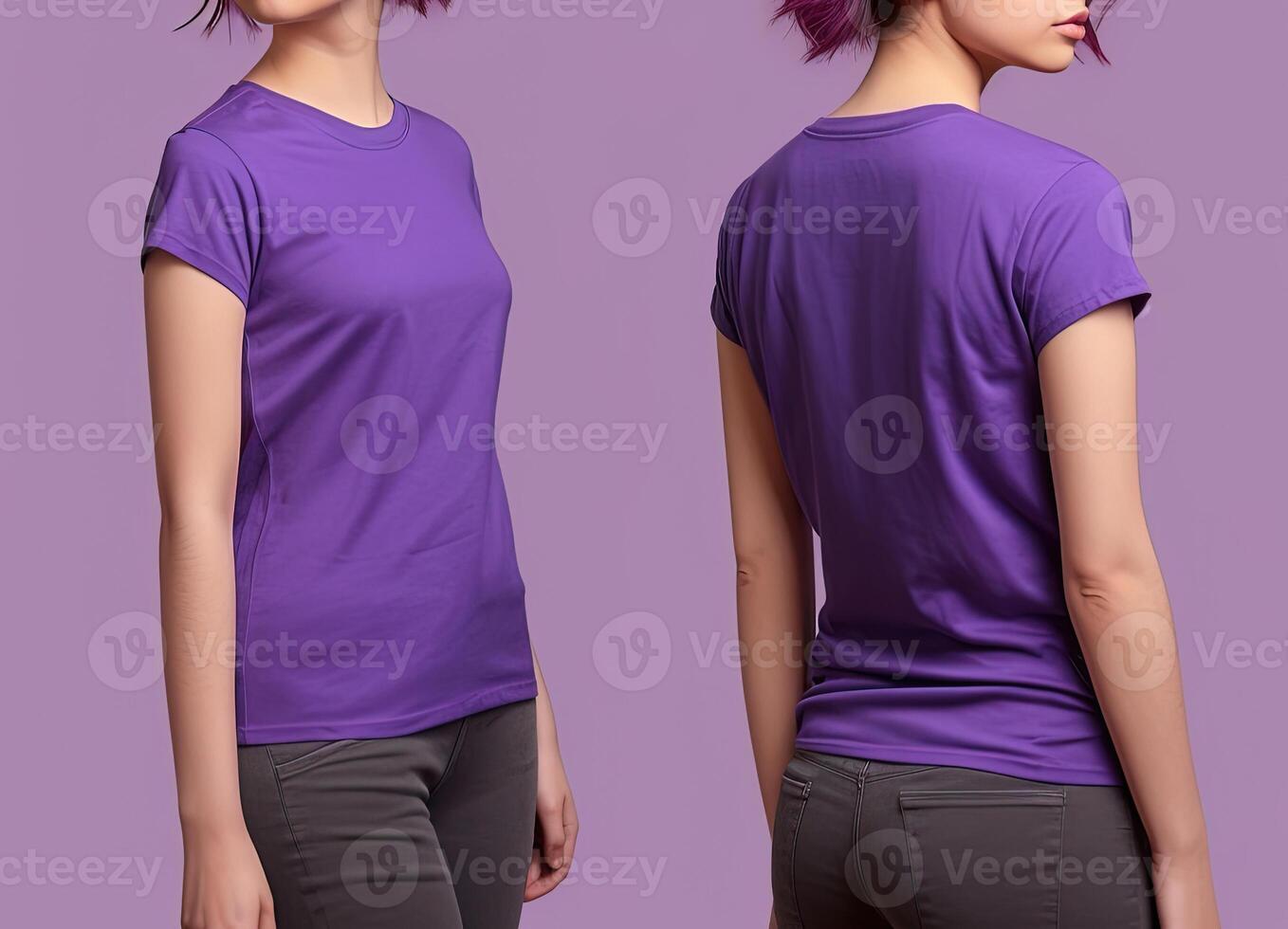 Photo realistic female purple t-shirts with copy space, front, and back view. ai generated