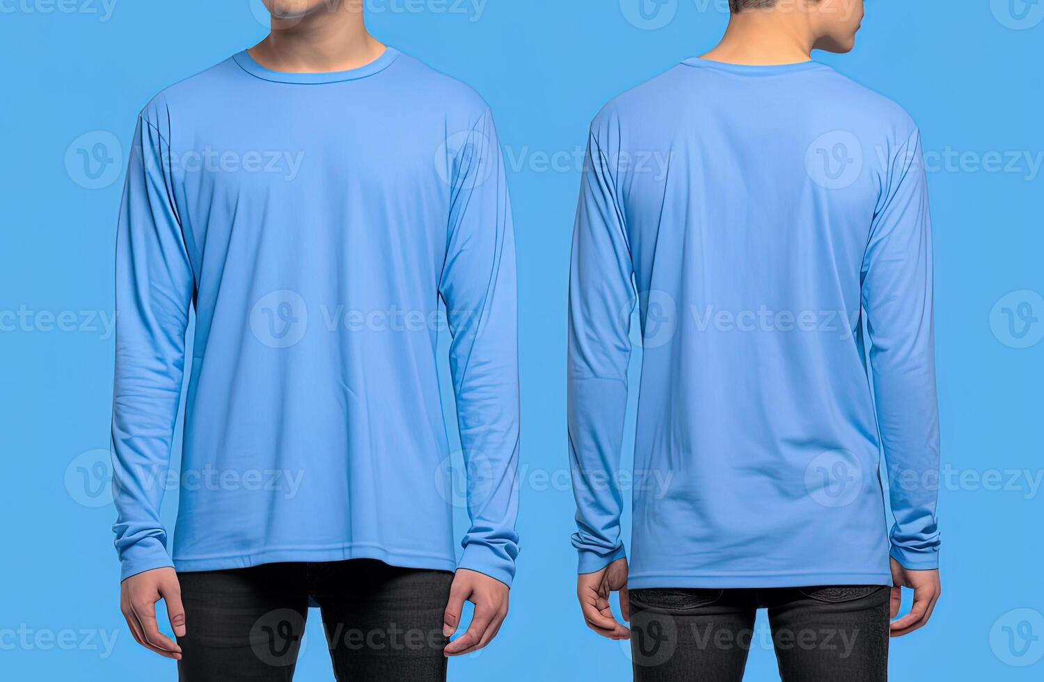 Man wearing a blue T-shirt with long sleeves. Front and back view. photo