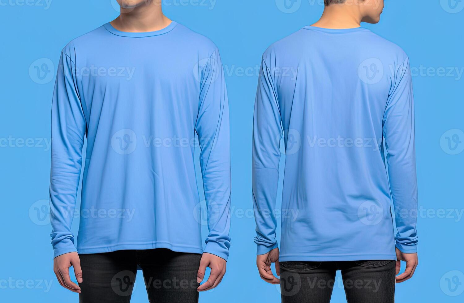 Man wearing a blue T-shirt with long sleeves. Front and back view. ai generated photo