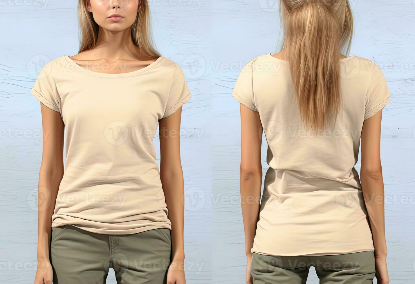 Photo realistic female beige t-shirts with copy space, front, and back view. ai generated