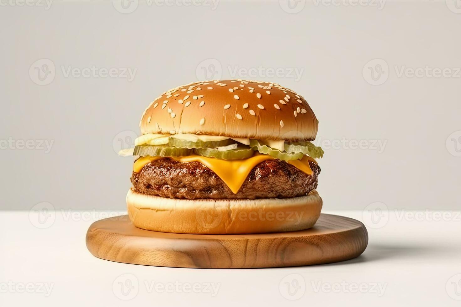 Fresh tasty cheeseburger on wooden board. ai generated photo