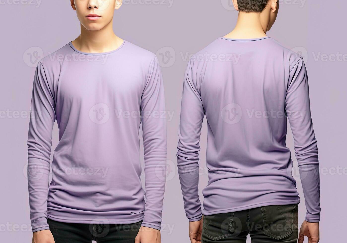 hombre vistiendo un púrpura camiseta con largo mangas frente y espalda vista. ai generado foto