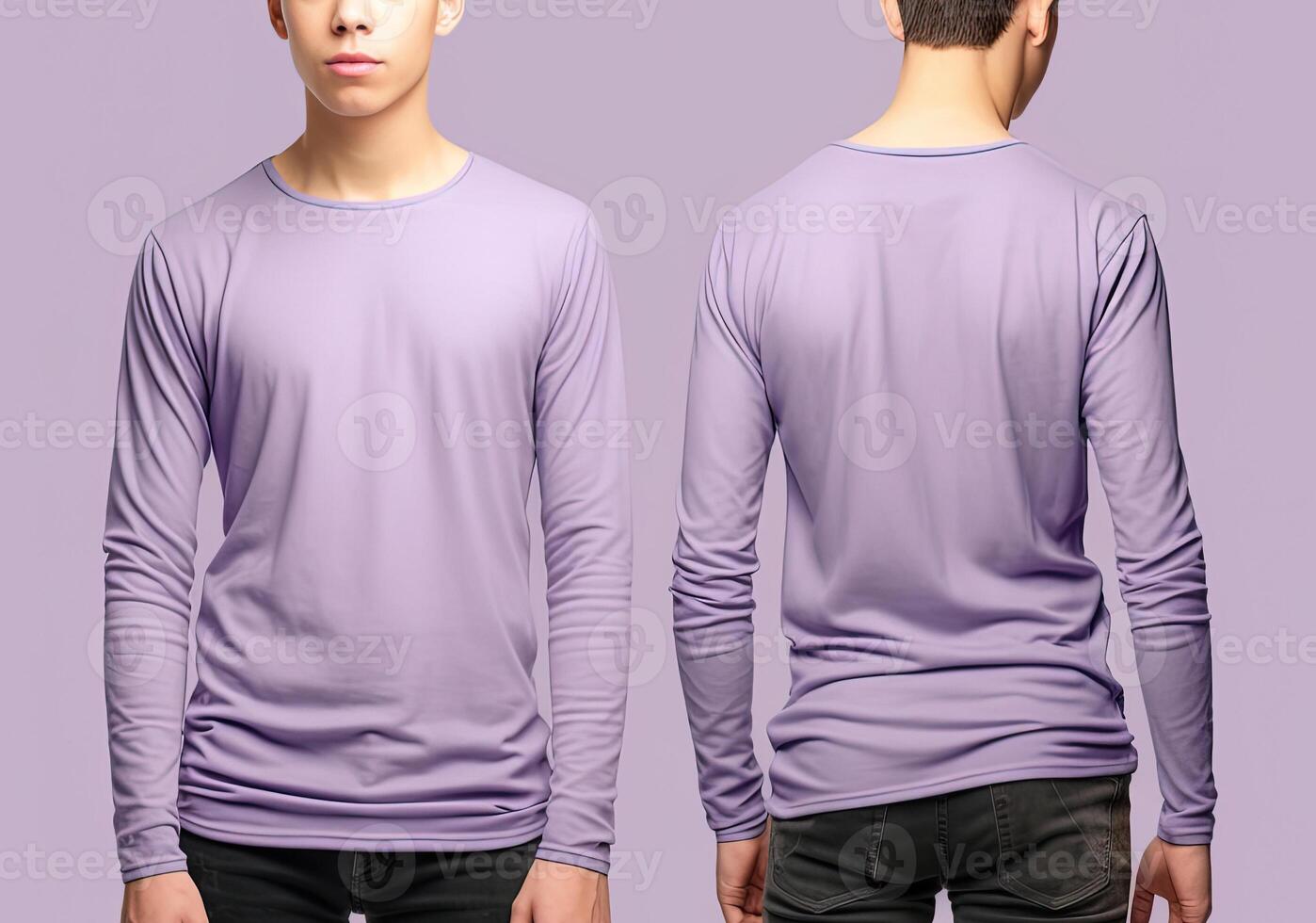 Man wearing a purple T-shirt with long sleeves. Front and back view. photo
