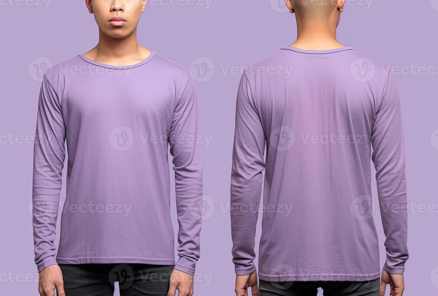 Man wearing a purple T-shirt with long sleeves. Front and back view. photo