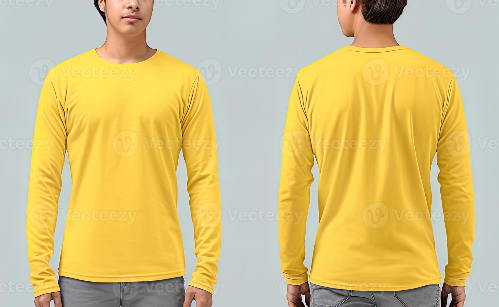 Man wearing a yellow T-shirt with long sleeves. Front and back view. photo