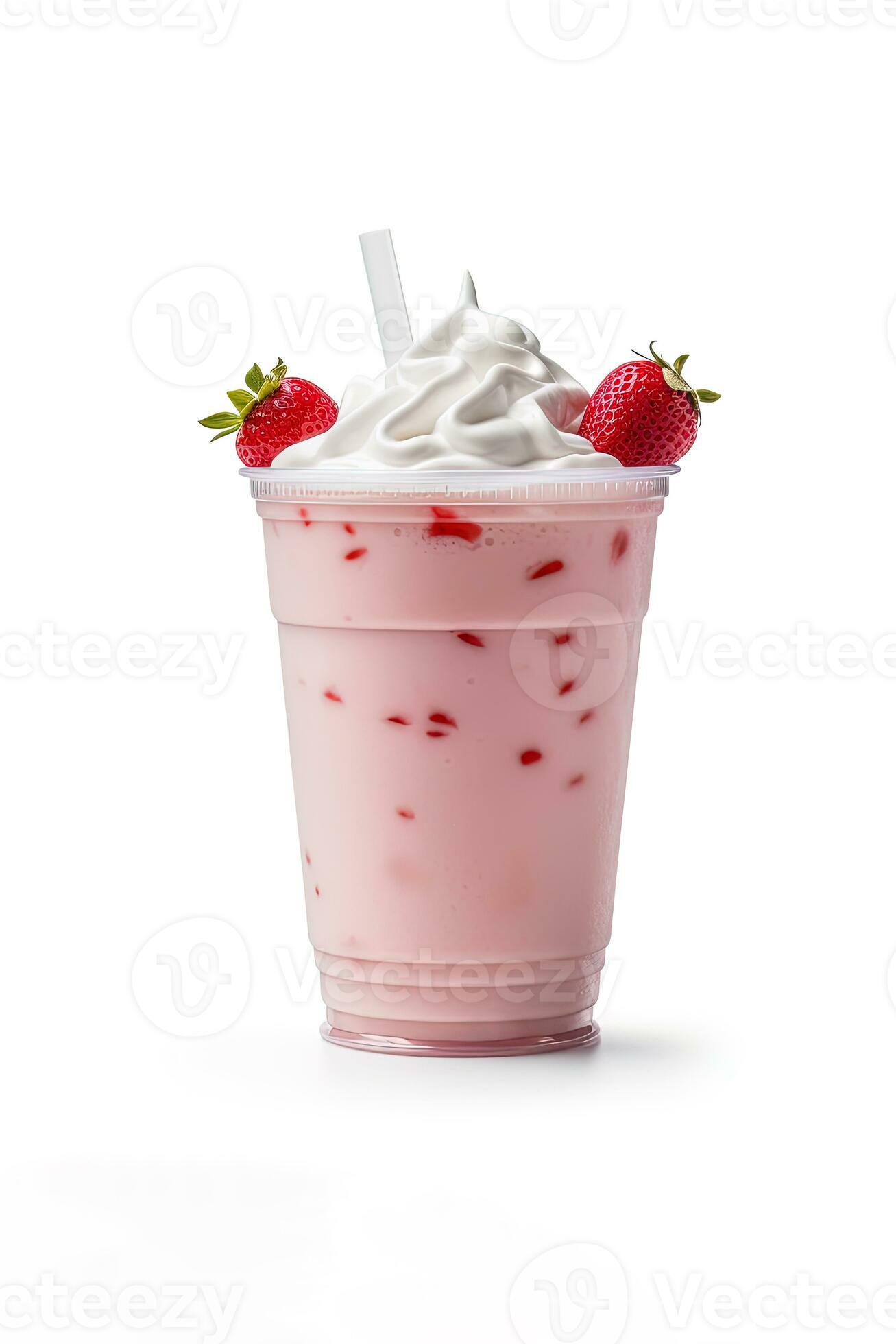 Plastic cup of milkshake with strawberries isolated on white Stock Photo by  ©belchonock 76818941