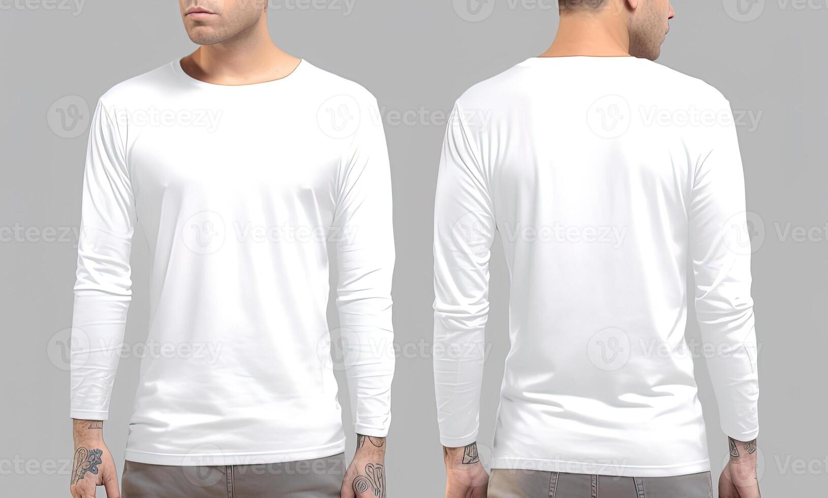 Man wearing a white T-shirt with long sleeves. Front and back view. photo