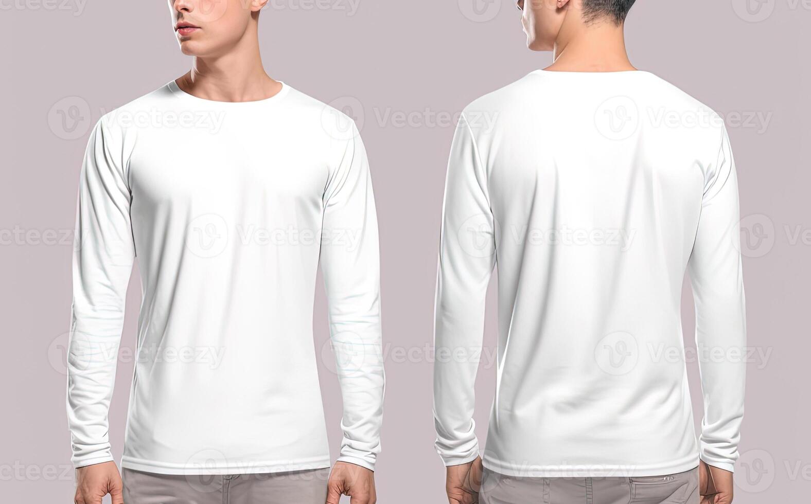 Man wearing a white T-shirt with long sleeves. Front and back view. photo