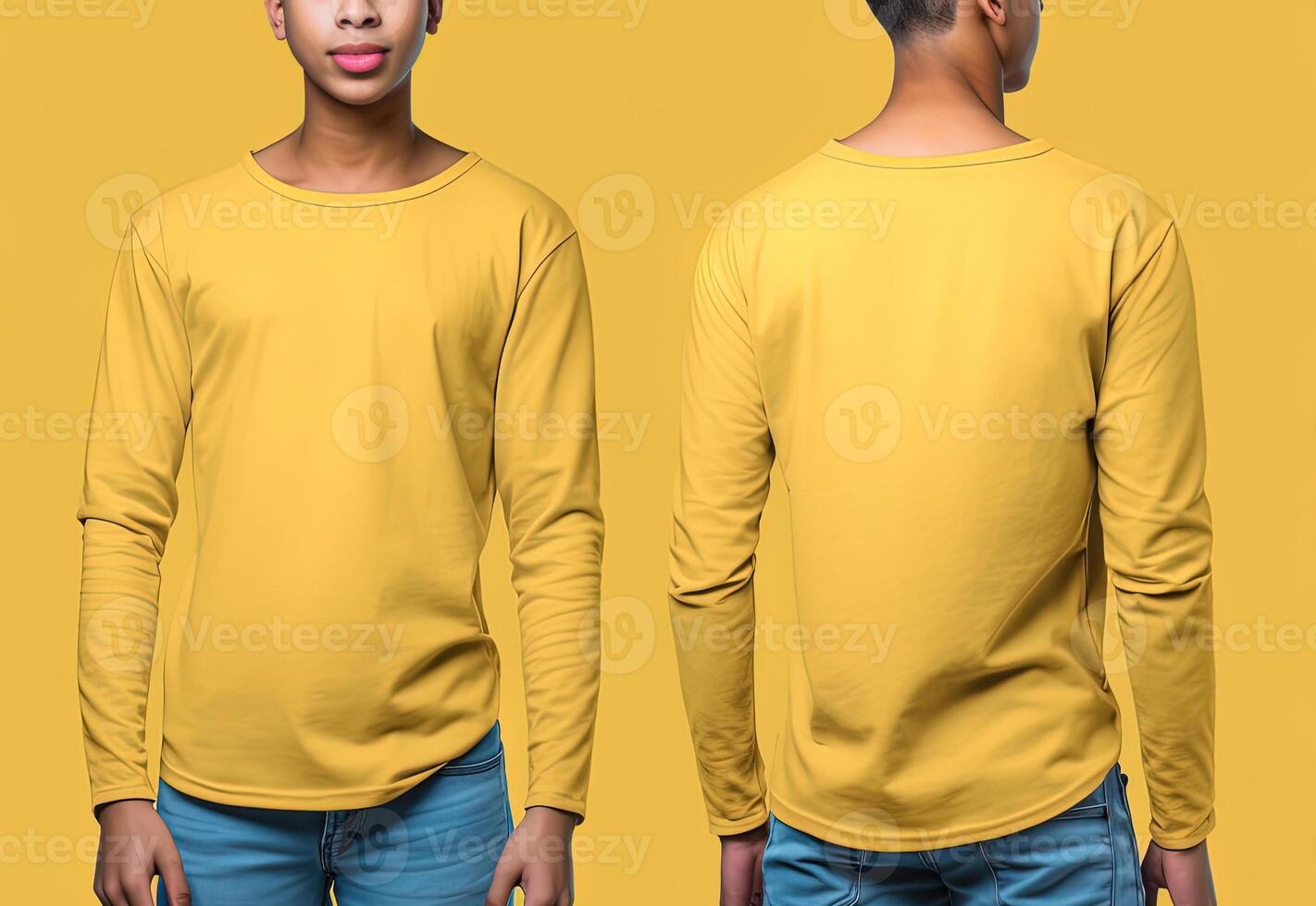 Man wearing a yellow T-shirt with long sleeves. Front and back view. photo