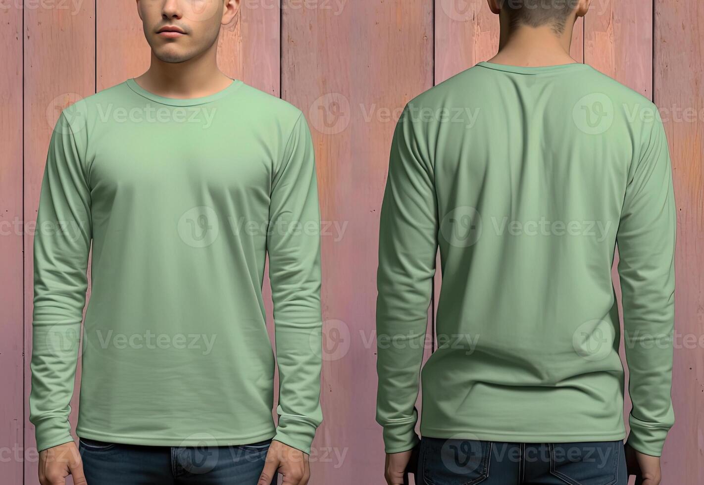 Man wearing a green T-shirt with long sleeves. Front and back view. photo