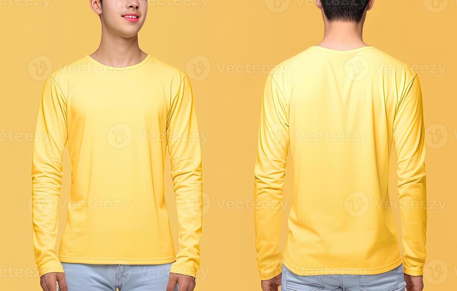 Man wearing a yellow T-shirt with long sleeves. Front and back view. photo