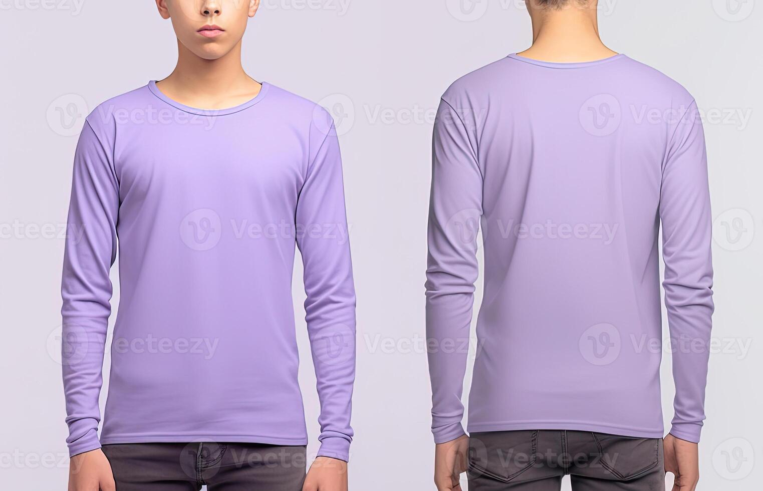 Man wearing a purple T-shirt with long sleeves. Front and back view. photo