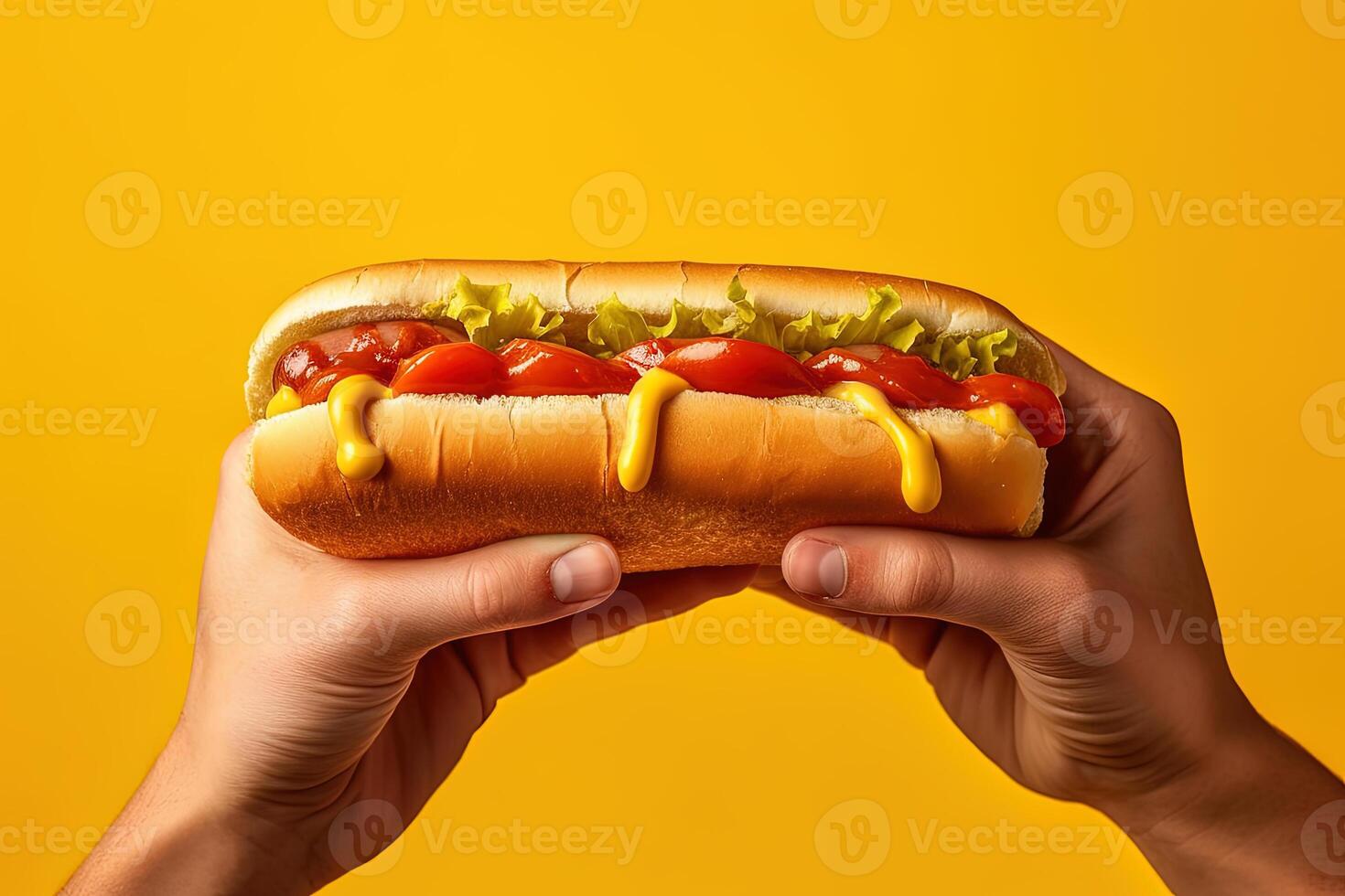 Hand holding tasty hot dog on a yellow background. ai generated photo