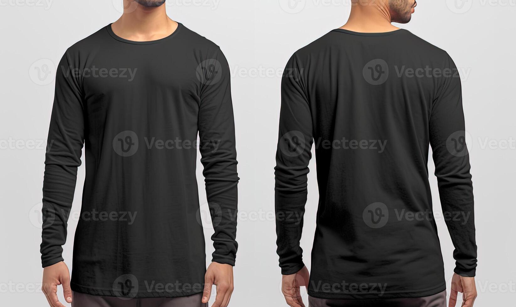 Man wearing a black T-shirt with long sleeves. Front and back view. photo