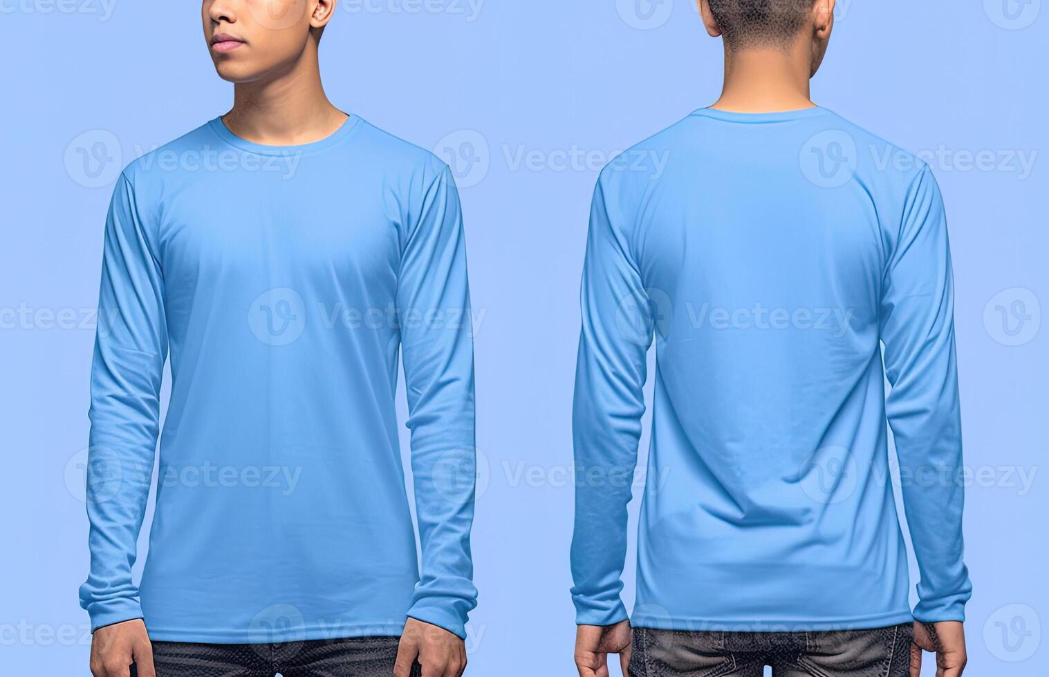 Man wearing a blue T-shirt with long sleeves. Front and back view. photo