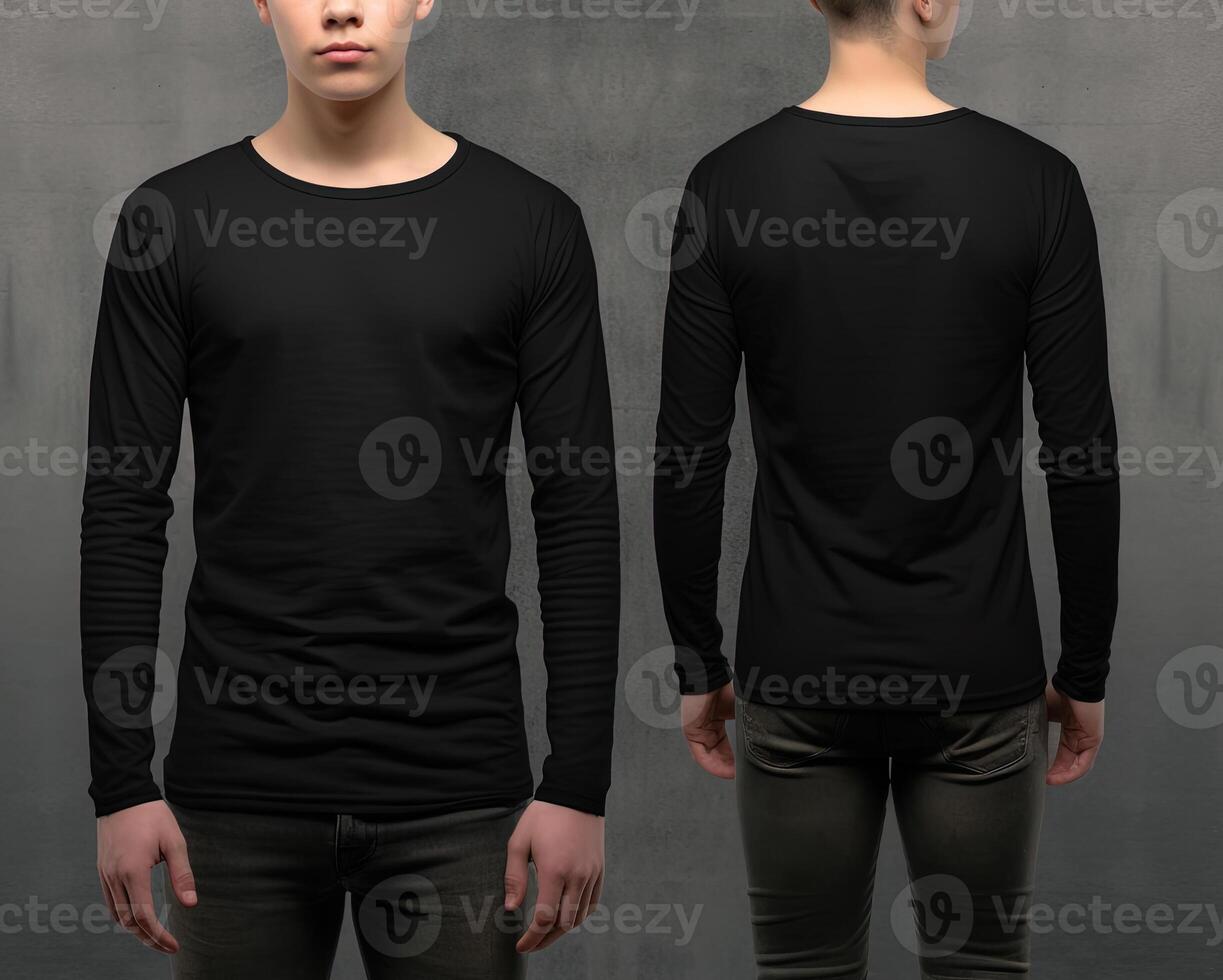 Man wearing a black T-shirt with long sleeves. Front and back view. photo
