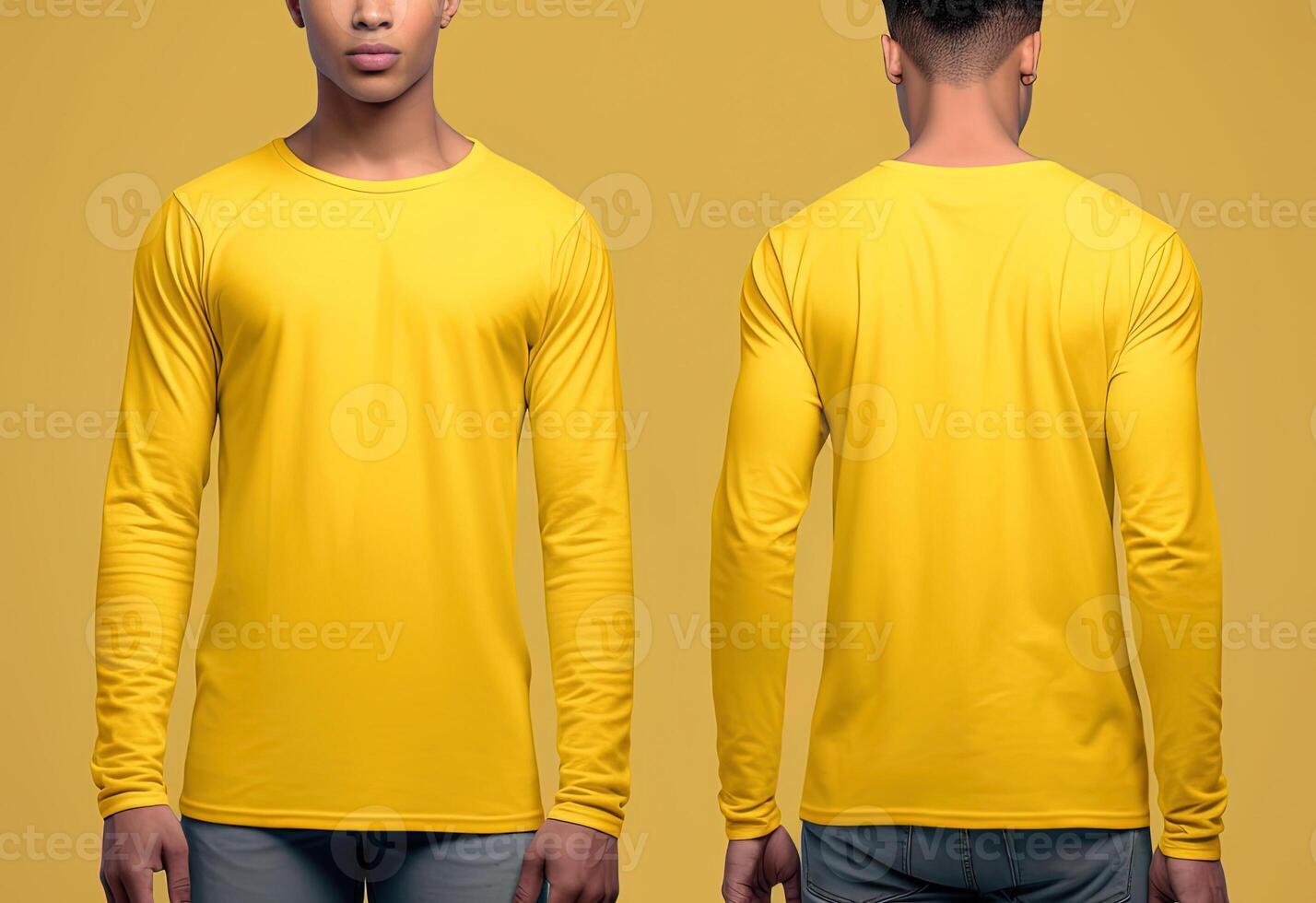 Man wearing a yellow T-shirt with long sleeves. Front and back view. photo
