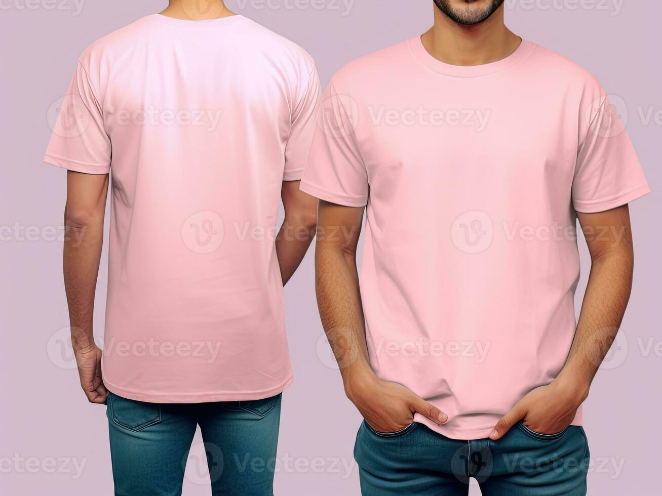 Photo realistic male pink t-shirts with copy space, front, and back view. ai generated