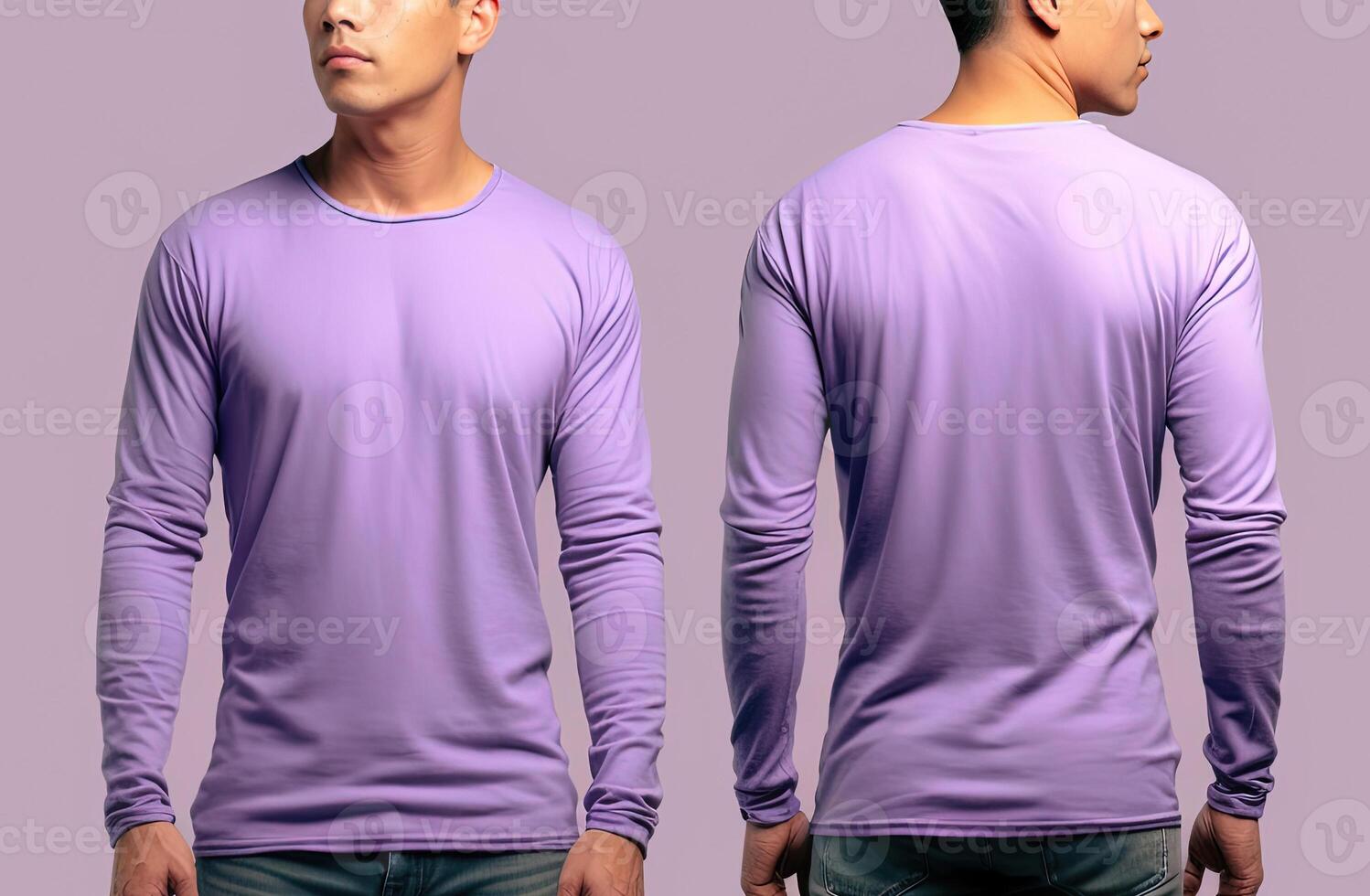 Man wearing a purple T-shirt with long sleeves. Front and back view. photo