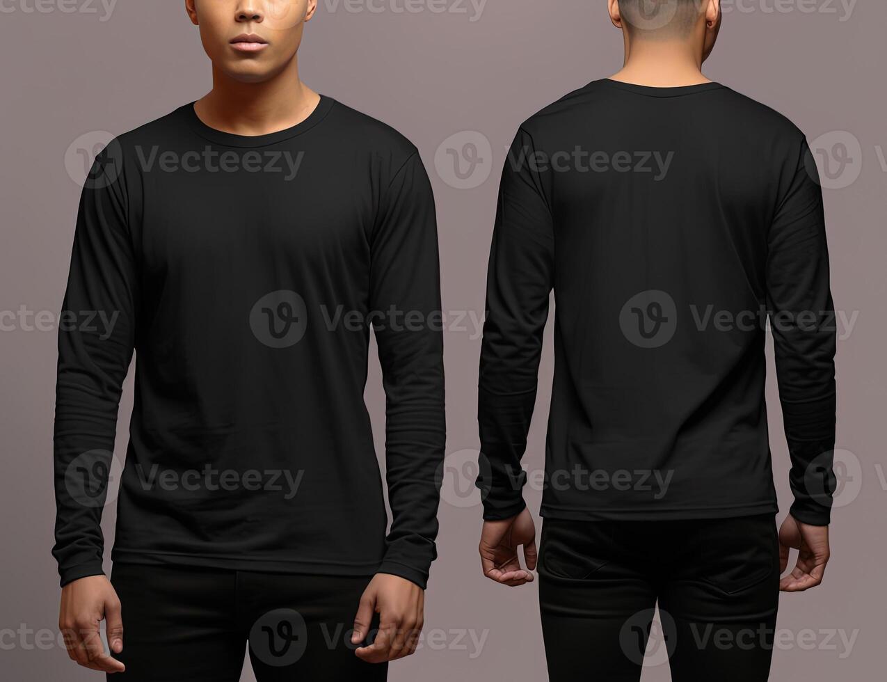 Man wearing a black T-shirt with long sleeves. Front and back view. photo