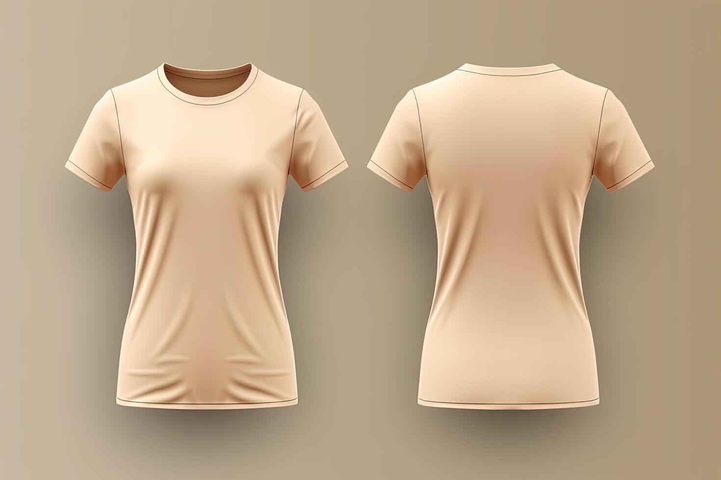 Beige female t-shirt realistic mockup set from front and back view, blank textile print design template for fashion apparel. photo
