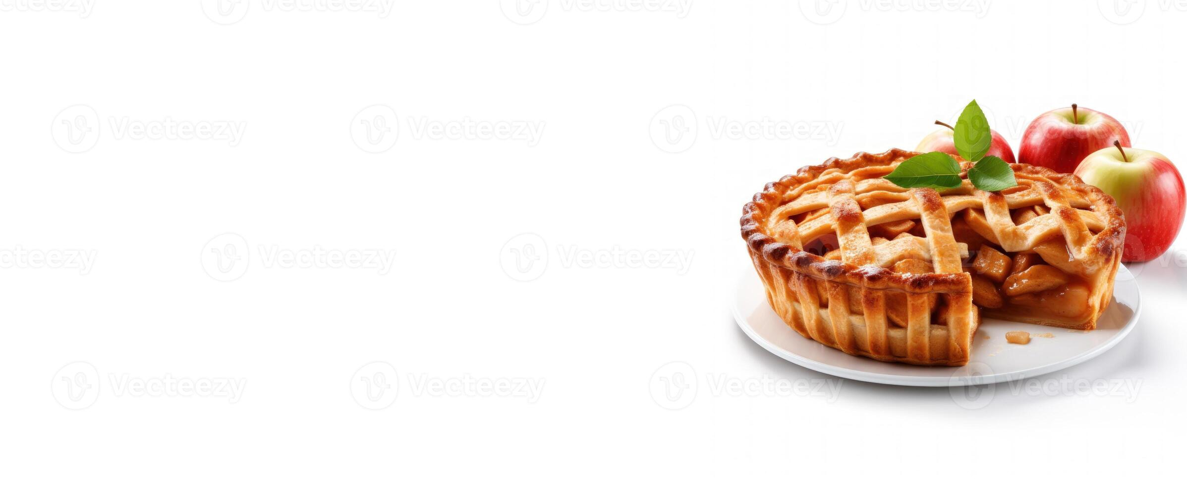 fresh baked apple pie food photography for promotion with white background and copy space photo