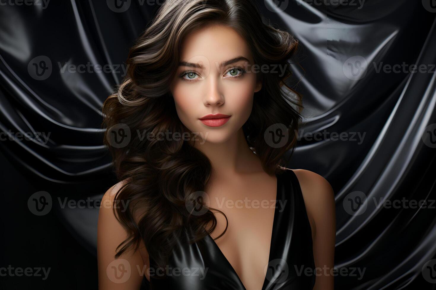 studio portrait of beautiful woman brunette on color background photo