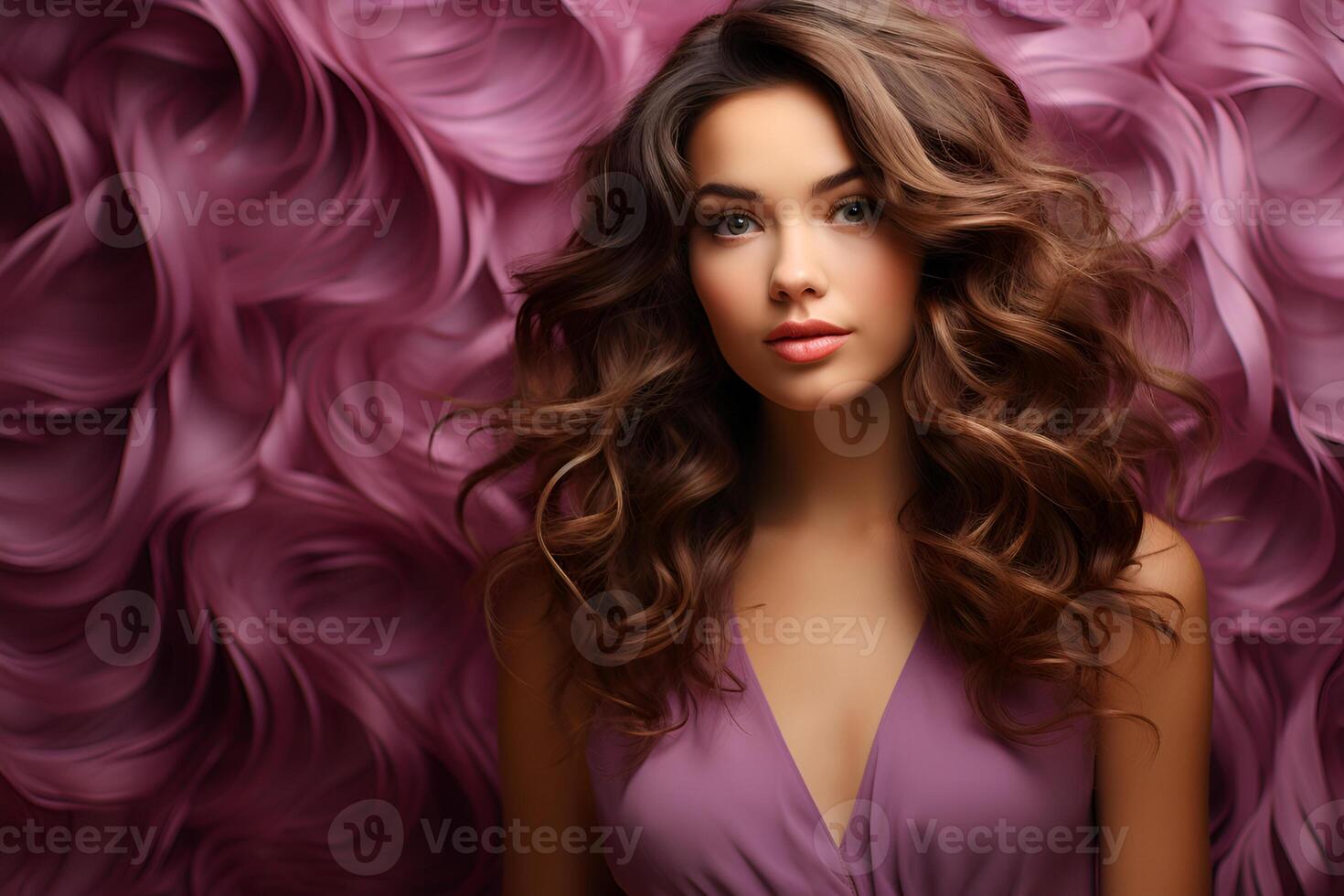 studio portrait of beautiful woman brunette on color background photo
