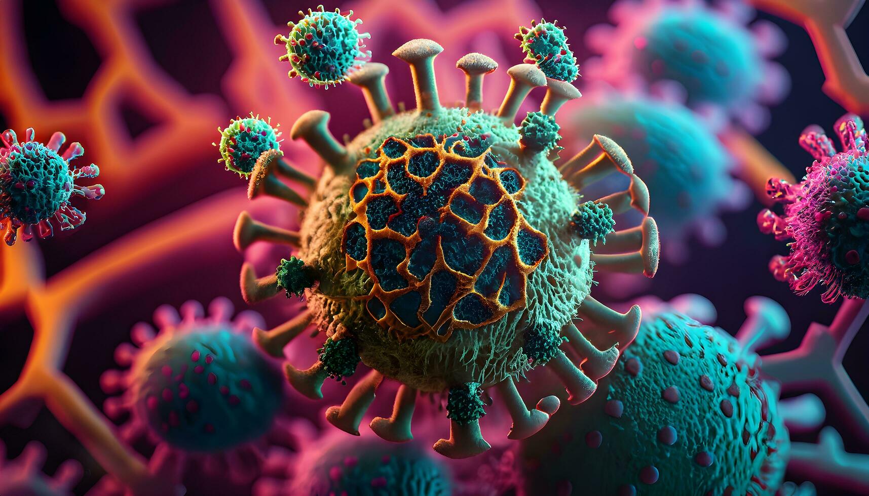 Covid-19, Coronavirus 2019-nCov novel. Microscopic view of virus cell. Generative Ai. photo