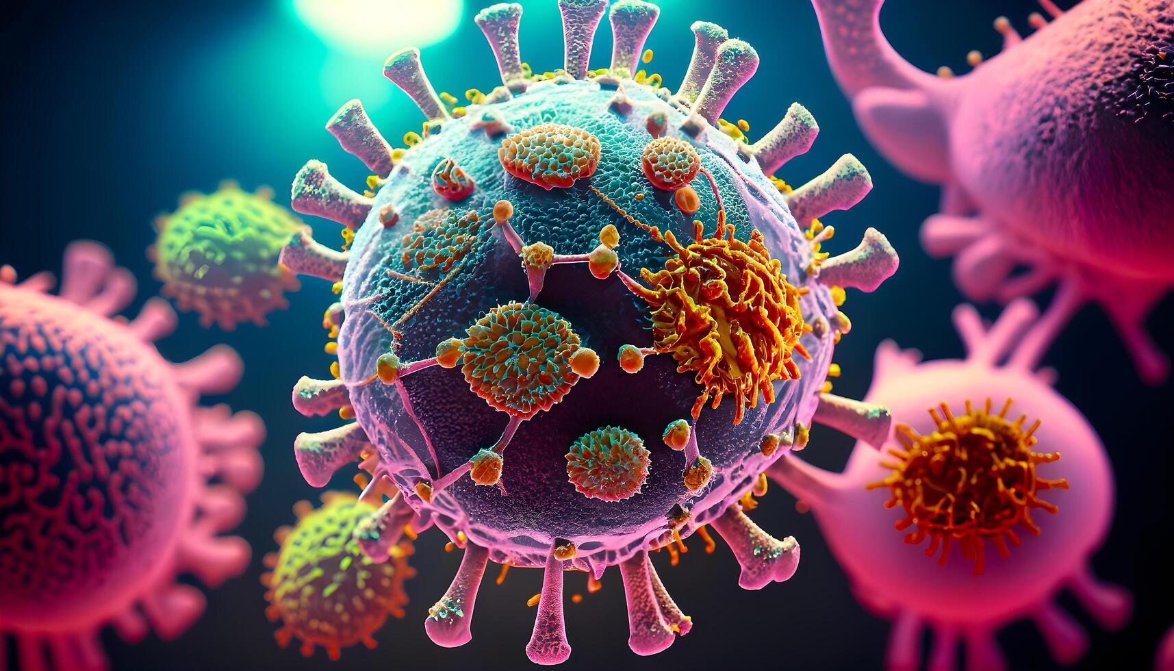 Covid-19, Coronavirus 2019-nCov novel. Microscopic view of virus cell. Generative Ai. photo