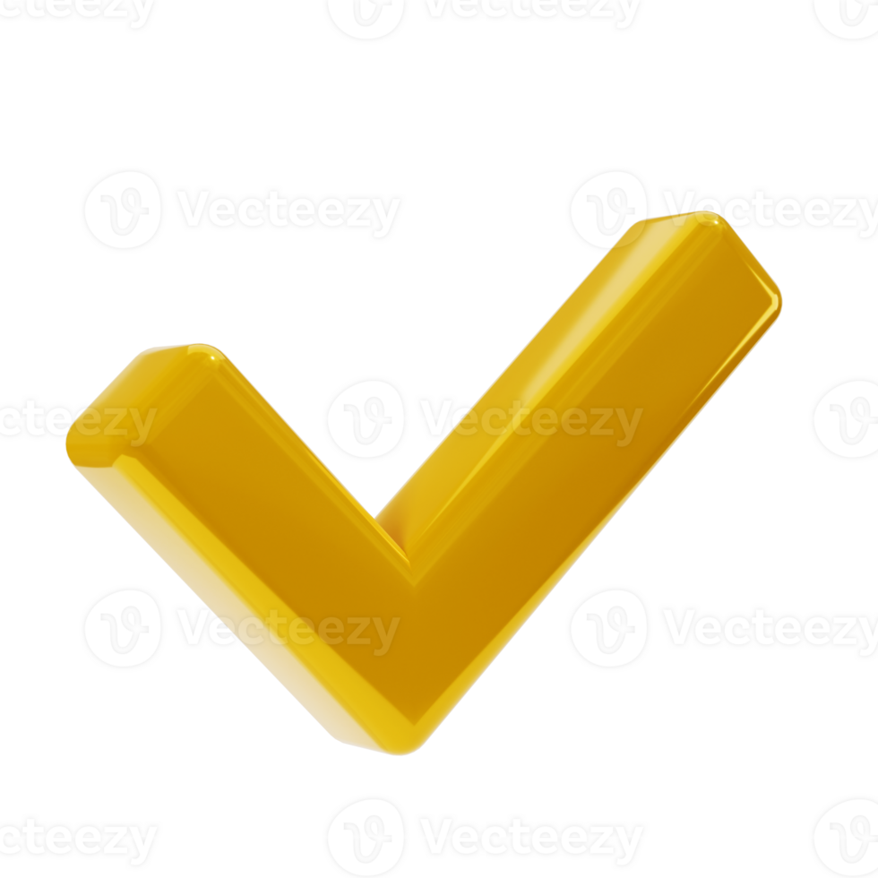 3d golden icon of check mark illustration. gold tick in isometric view. Element with isolated transparent png