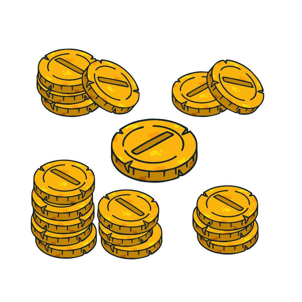 PIle of gold coins. Set of Outline cartoon Icon of money and treasure. Concept of earnings and wealth. vector
