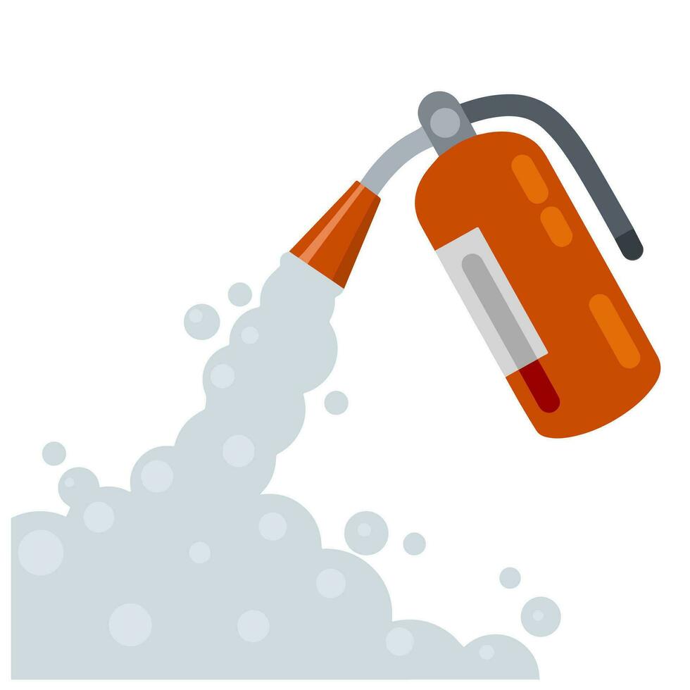 Extinguisher. Fireman tool. Red cylinder. Flat cartoon illustration. Smoke and foam. vector