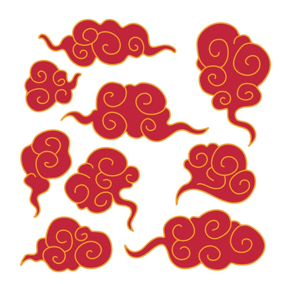 Red Gold Asian Chinese Clouds. Traditional retro ornaments in chinese, korean and japanese oriental style. Elements of Chinese New Year and Mid Autumn Festival isolated on white background vector