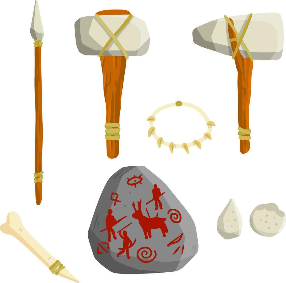 Items of stone-age man. Caveman weapons for hunting and life. Axe, hammer, spear. Prehistoric set of a wild tribe. Cartoon flat illustration vector