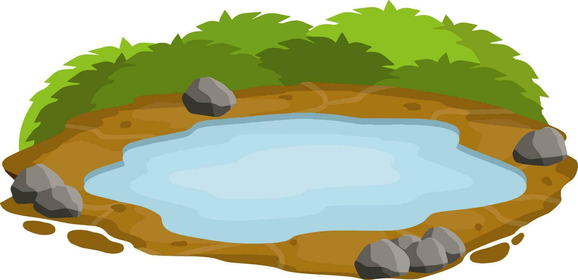 estanque y pantano, lago. plano dibujos animados. antecedentes para ilustración. paisaje con césped, piedras y arbusto. elemento de naturaleza y bosque y agua. plataforma y suelo vector