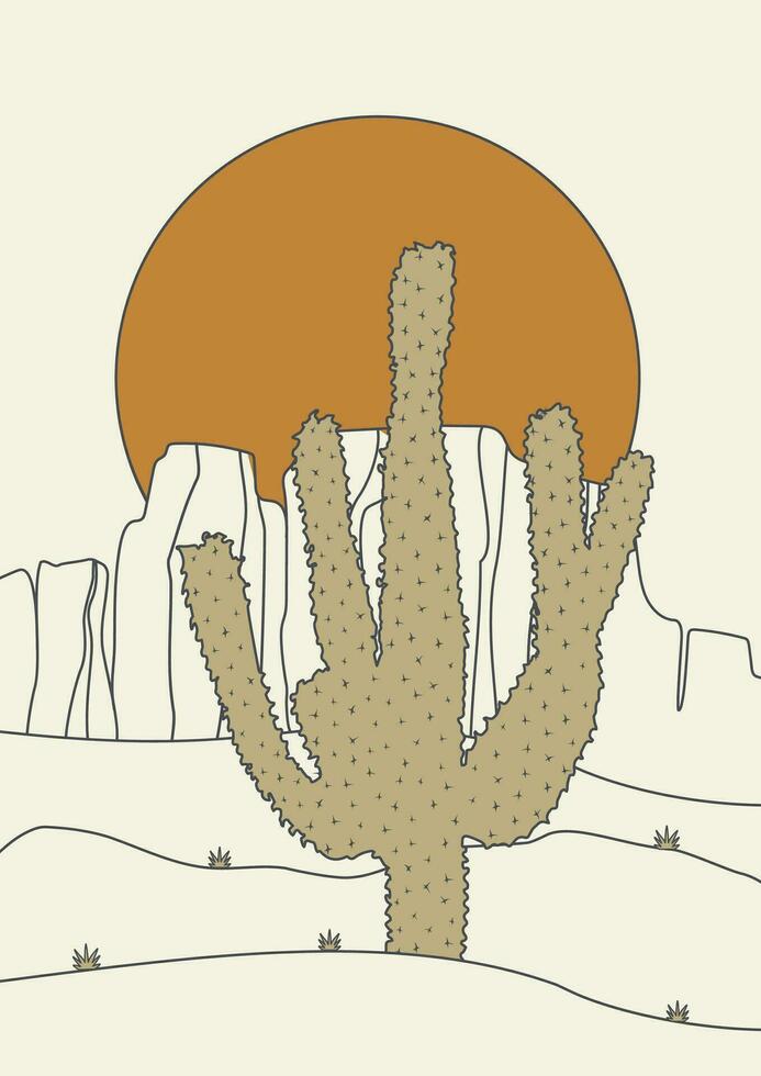 Linear cartoon desert with saguaro landscape poster illustration vector