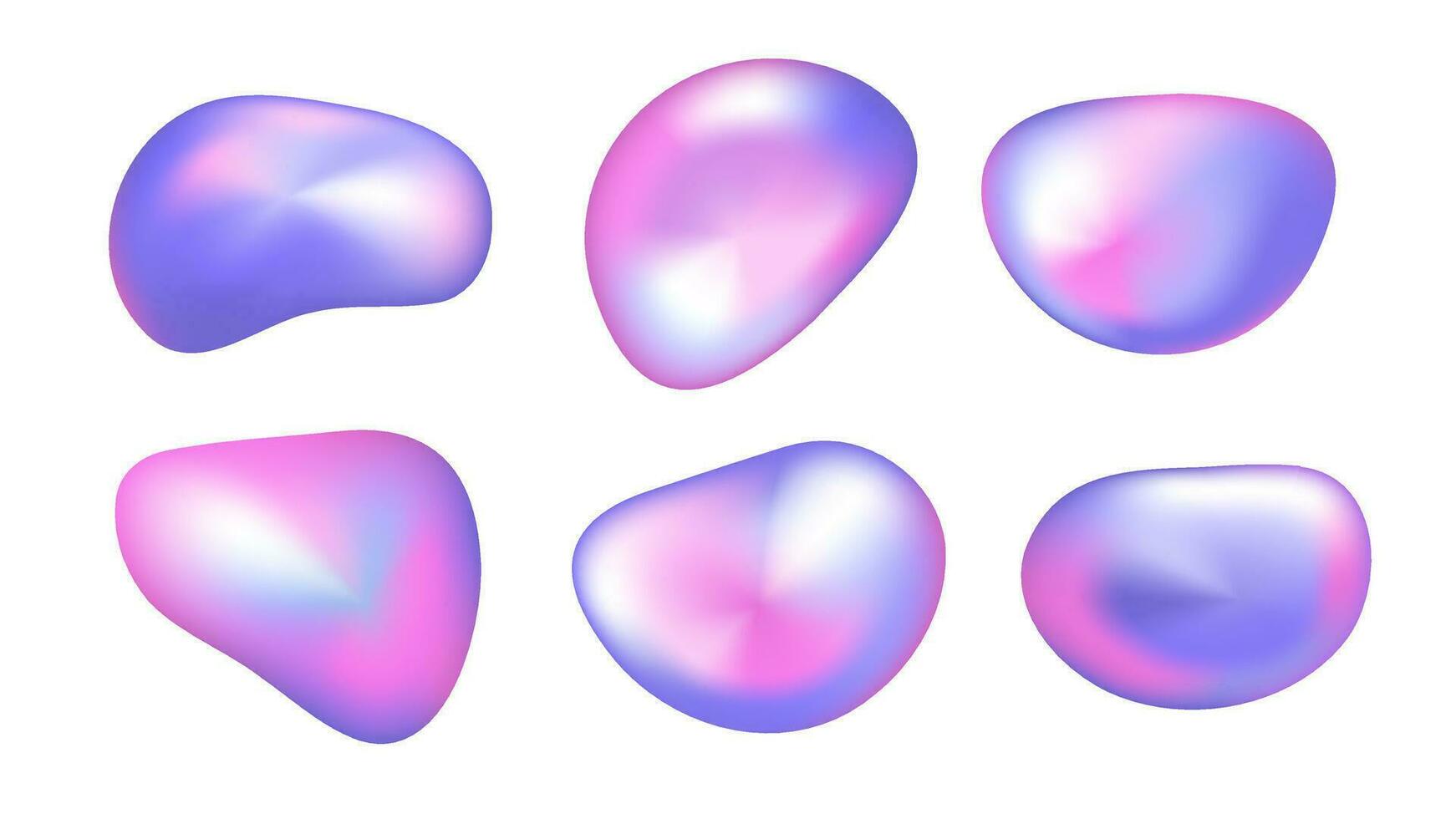 3d gradient liquid blob shape. Abstract holographic iridescent fluid bubble form. Chrome fluorescent hologram geometry object. Chameleon effect set. Chromatic metal multicolor surface texture. vector