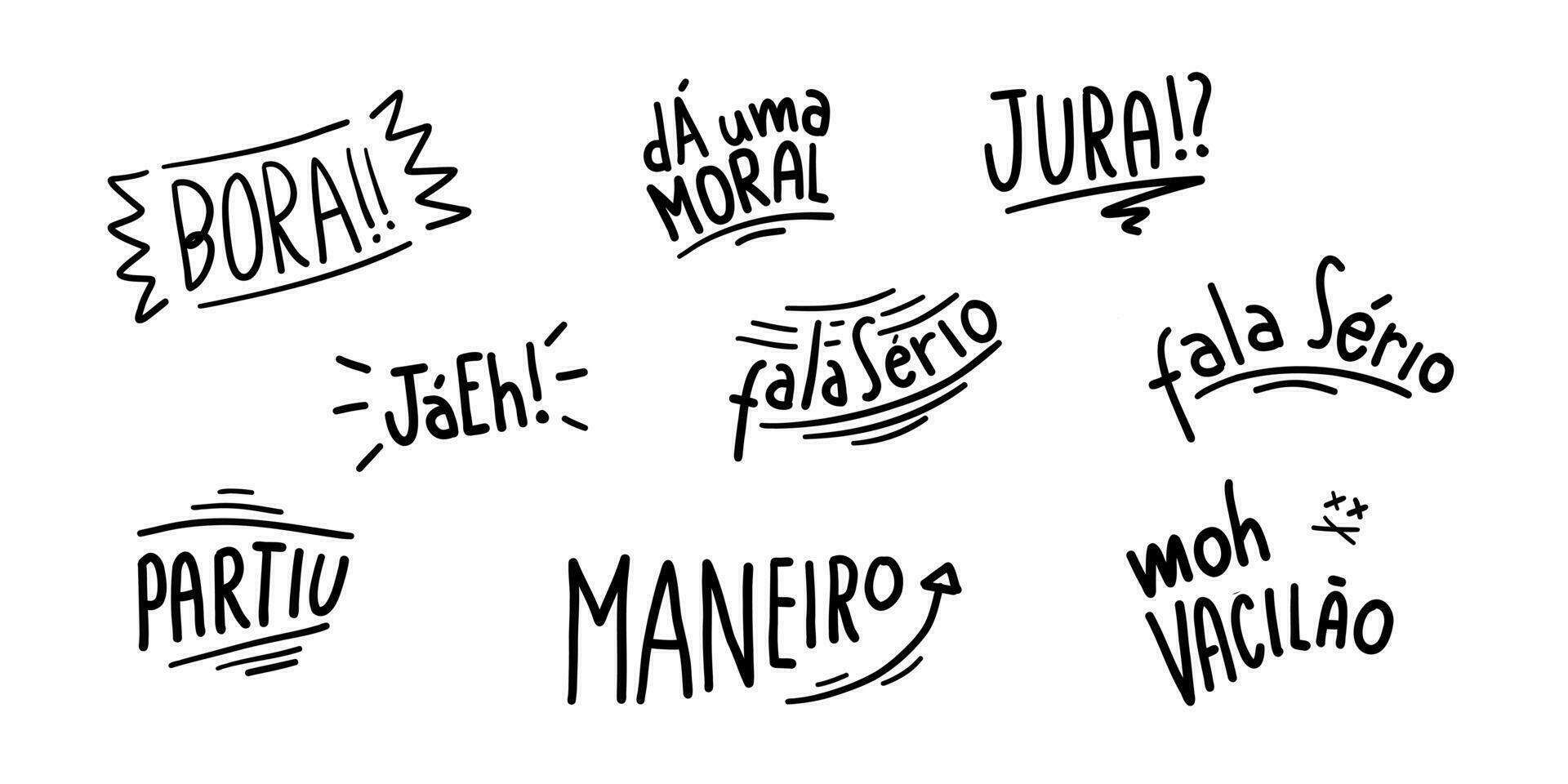 Brazilian handwriting slang and jargon set. Translation - Lets go, Give a hand, Swear, Already, I do not believe, I am leaving, Cool, He is woozy. vector